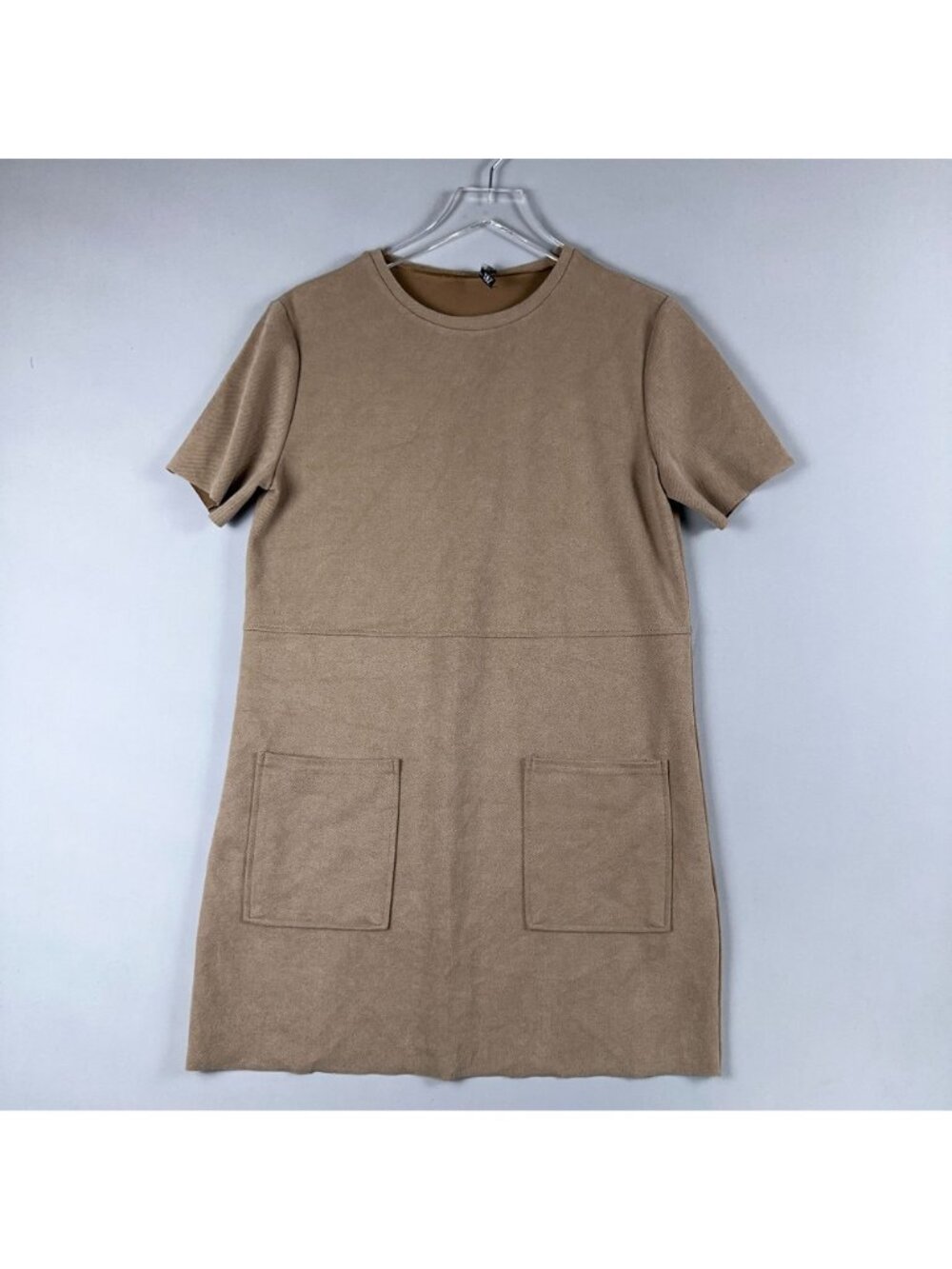 Zara Shift Dress Size Medium Tan Faux Suede Short-Sleeve Front Pockets - Picture 2 of 10
